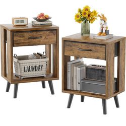 Nightstand Set of 2 with Fabric Drawers and Open Shelves - Rustic Bedroom Side Tables