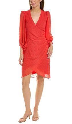 Brand New Woman’s Donna Rico brand Red Dot Balloon Sleeve Faux Wrap Dress Up For Sale