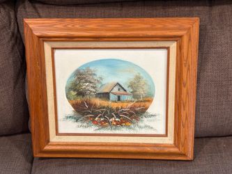 Pre Owned Vintage BEAUTIFUL OIL LITHOGRAPH PRINT OF A COUNTRY BARN HOUSE FRAMED