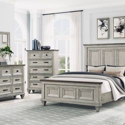 QUEEN SZ BEDROOM SET 4PC (BED FRAME,DRESSER,MIRROR NIGHTSTAND) AVAILABLE IN WALUT FINISH RUSTIC STYLE OR VINTAGE FINISH CREAM/BWN)