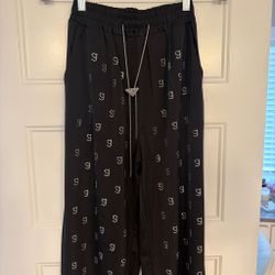 Black Wide-Leg Rhinestone Print Drawstring Pants