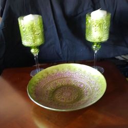 Glass Bowl & Candle Holders