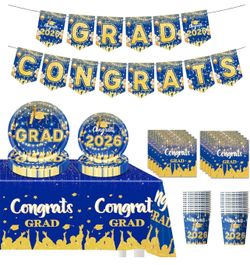Party Supplies for Graduation Decorations 2026 - Complete Party Tableware Set with Congrats Grad Banner, Class of 2026 Backdrop, Waterproof Tablecloth