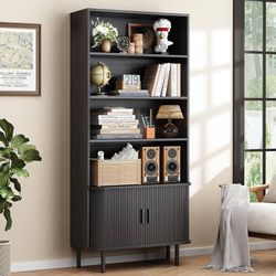71" T Bookshelf with Sliding Door, 31.5" W Bookcase Storage Cabinet Freestanding Wooden Bookshelf with Adjustable Storage Shelf Bookcase with Adjustab