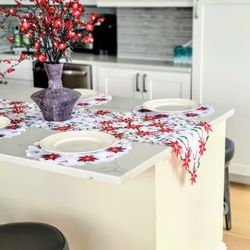 Embroidered Christmas Table Runner and 4 Doily Table Mats Set Beautiful Poinsettia flower and Holly leaf design