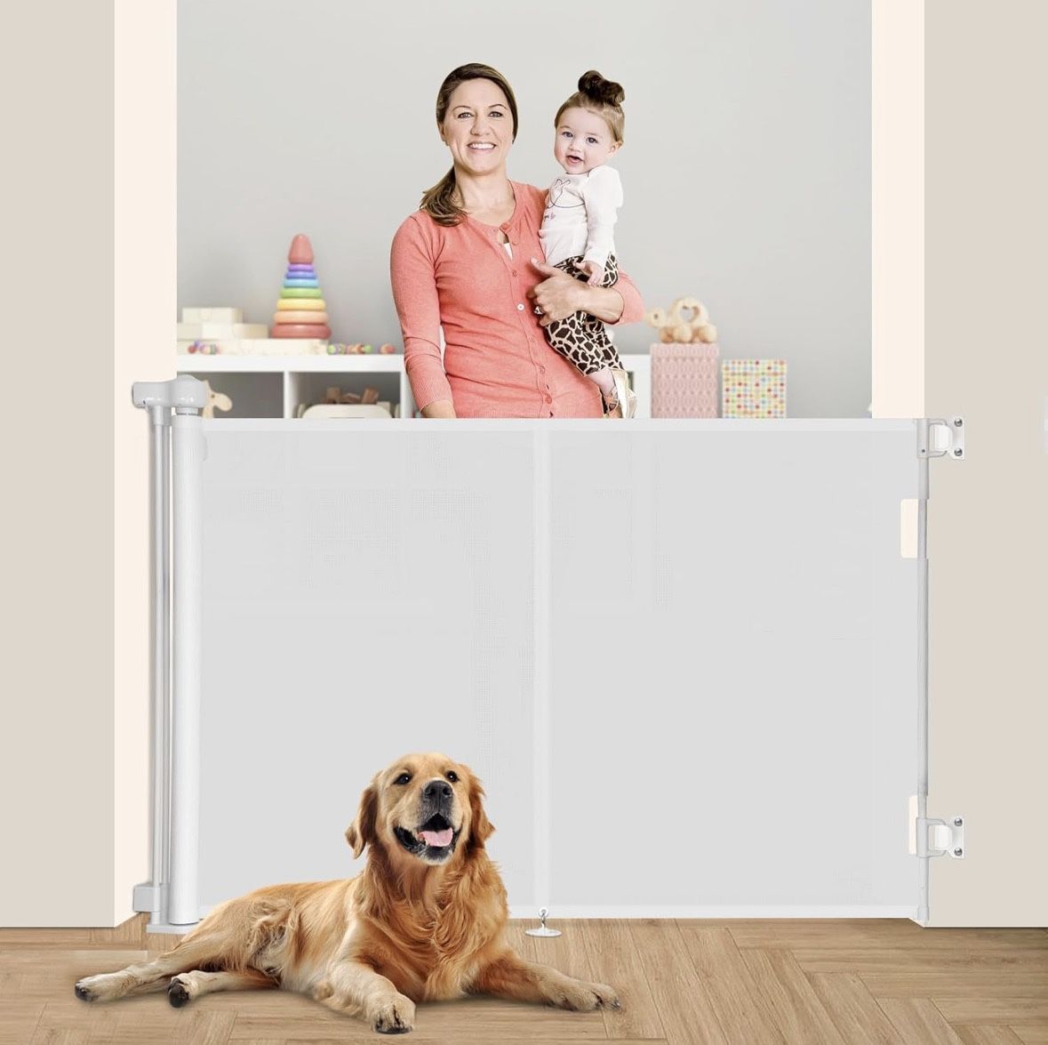 59 inch Retractable Baby Gates 42 inch Tall, Retractable Gate with Reinforced Strip Design to Prevent Crawling Through, 5 FT Retractable Dog Gate for 
