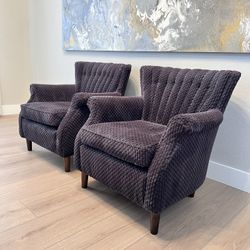 Gorgeous Pair Of Mid Century Modern Blue Gray Tufted Corduroy Velvet Accent Chairs