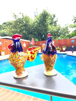Murano Style Art Glass Rooster Chicken Figurine 7 1/4” Tall Colorful