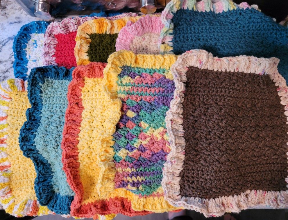 Hand Crocheted cotton Dishcloths, Washcloths Or Potholders. $5 Each. Approximately 8" X 8" Not Including The Border.