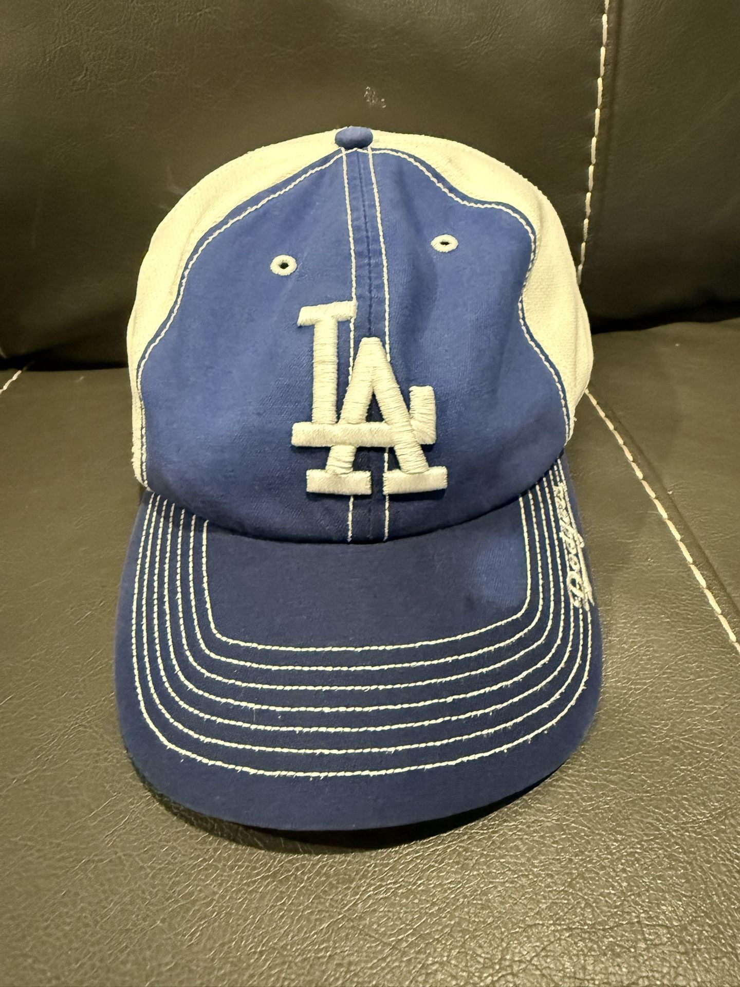 Vtg Los Angeles Dodgers Blue White 1 Size Stretchy Hat Cap Jersey Mesh Material