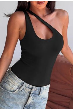 Reoria Black Sexy One Shoulder Sleeveless Bodysuit
