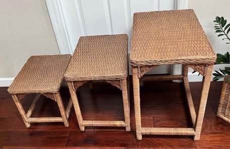 Vintage Set of Three Nesting Tables Woven Tops with Intricate Carved Design just $50
