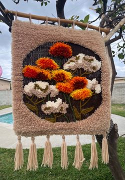 Vintage Floral Latch Hook Art Wall Hanging on Natural Wood Rod