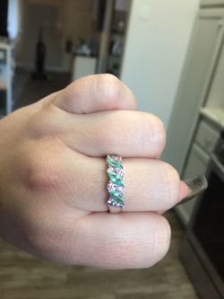 925 Silver Ring Green and Pink Stones