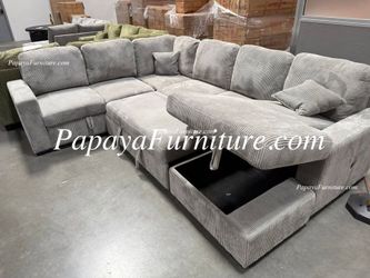 NEW Light Grey Fabric U Shape Sectional Sofa and Storage Chaise Set with Pull out Sleeper Bed Pullout Sofa Bed Under Seat Large Storage Discount SALE