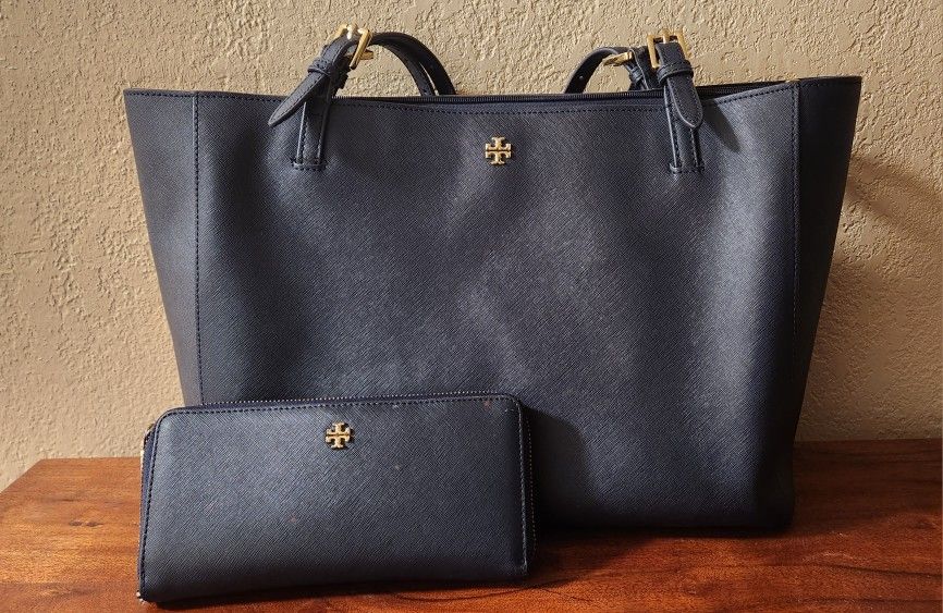 Navy Tory Burch Tote With Matching Wallet