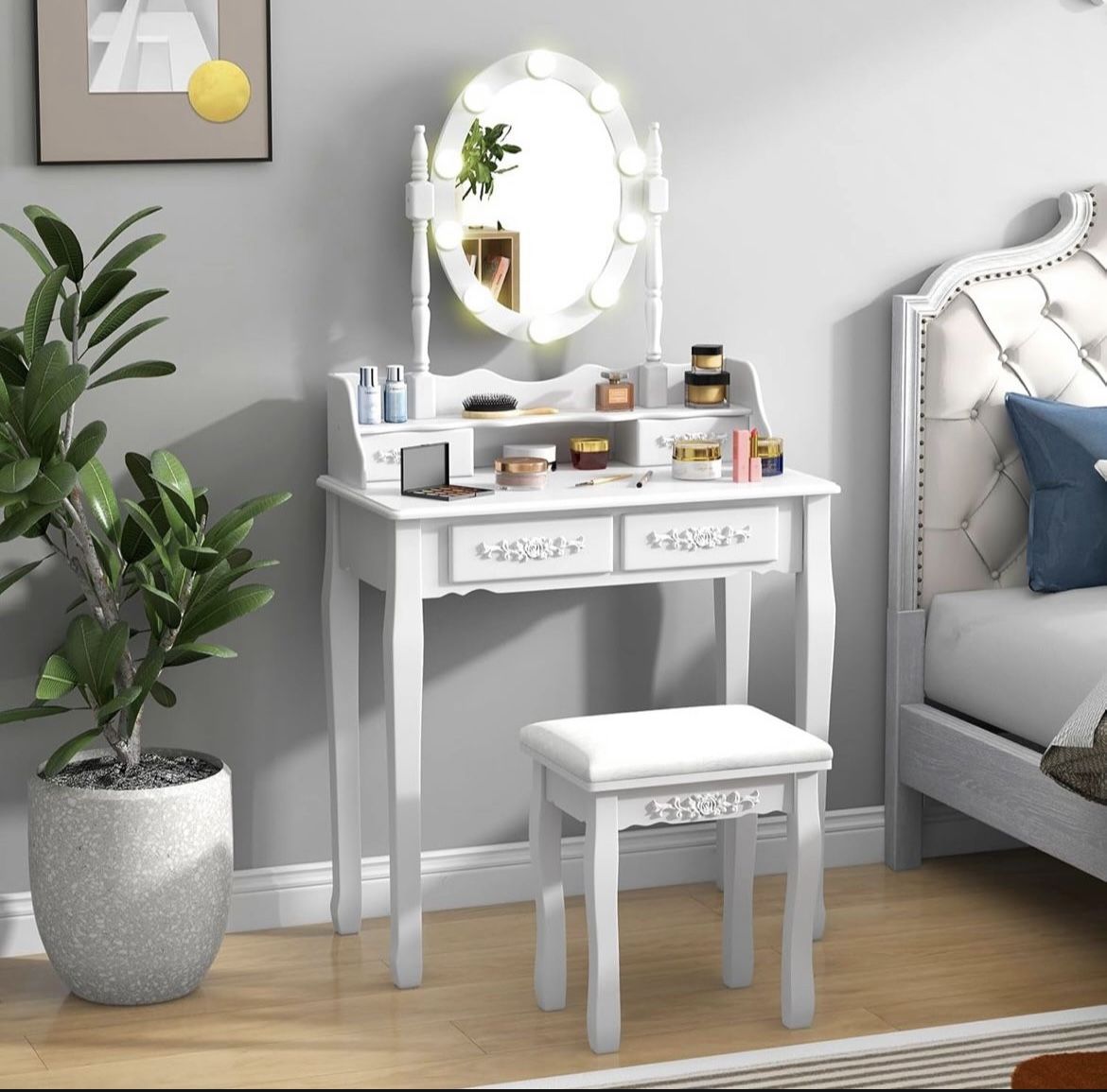 Girls Vanity Table with Lighted Mirror and Stool（White)