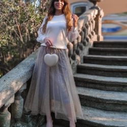 Tulle Mesh Sequin Skirts Elastic Waist Pleated Midi Skirt Sparkle Layered Flowy Fairy Tutu Skirts