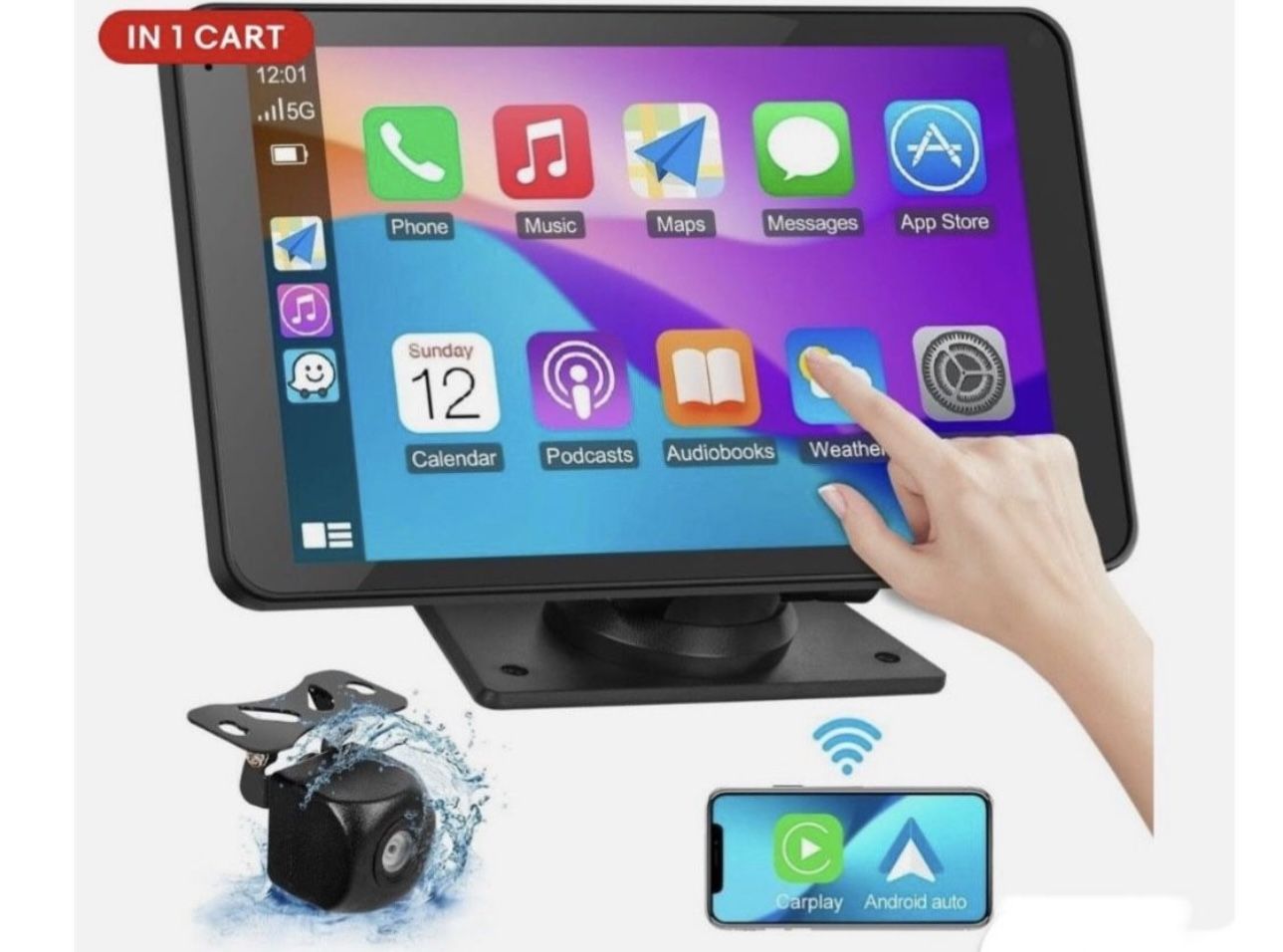 Portable Wireless Car Stereo, 7 HD Touchscreen Cam Compatible Apple Carplay