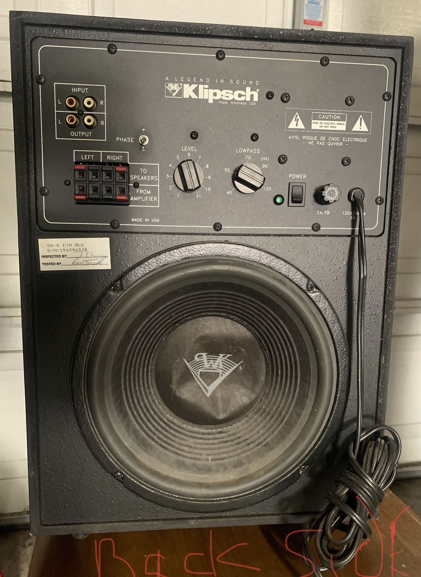 Klipsch Subwoofer Speaker SW-8, Volt120/60hz