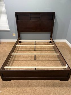 Like-New Queen Bed Frame with Storage Headboard & Novaform Mattress Set