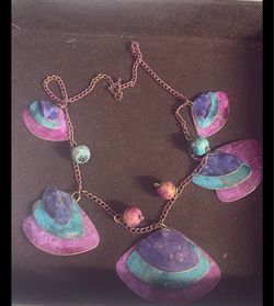 Turquoise Blue Purple Pink Necklace Metal Rustic Dangly Vintage