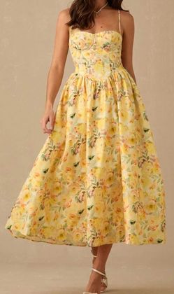 Yellow Floral Spaghetti Strap Corset Flowy Dress