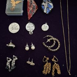 Jewelry Lot Of 13 Items, Chain, Pendants, Charms, Earrings, Etc.