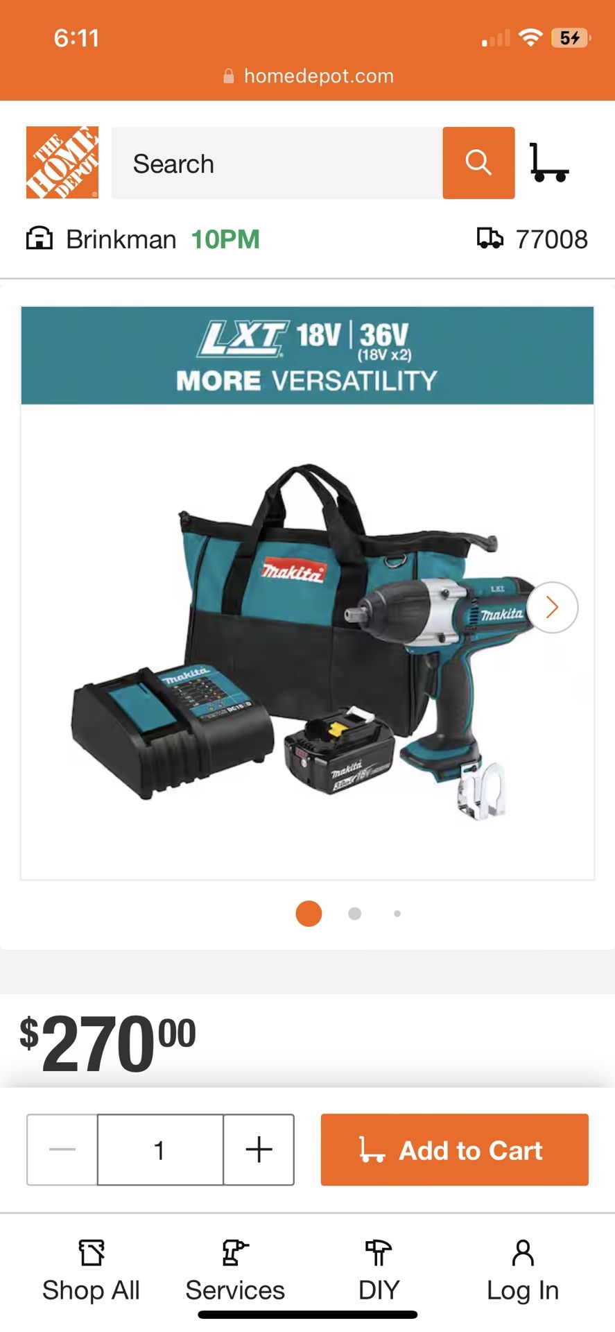 Makita 18v 1/2in Impact wrench Kit. 1 Tool+1 Battery+ 1 Charger