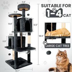 🥨58.5inch Large Cat Tree Tower Condo for Indoor Cats, Soft Plush Multi-Level Climbing Tree Cat House with Cat Cave, Scratching Post, More Entrance/Ex