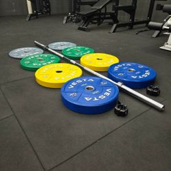 NEW Bumper Plates, Rubber Olympic Weights, Home Gym Weight Set, Folding Squat Rack, Adjustable FID Bench Press, Stall Mats, Rubber Flooring 