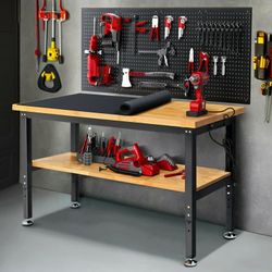 Workbench for Garage,ENJOYWOOD Heavy-Duty 60 inch 2 Tier Wood Work Bench with Storage Pegboards,Rubber Mat,Power Outlets, Rubber Wood Tabletop 2000 LB