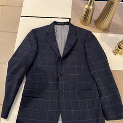 Tommy Hilfiger Mens Blazer Size 38 38R Linen Suit Jacket Blue White Windowpane