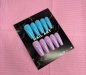 Long coffin Press on nails solid color blue purple handmade