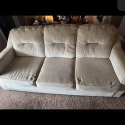 Beige Couch with Pull-Out Bed & Minor Holes – Great for Reupholstery or Extra Seating- Need Gone ASAP