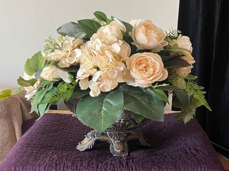 Faux Floral Arrangement in Ornate Metal Urn
