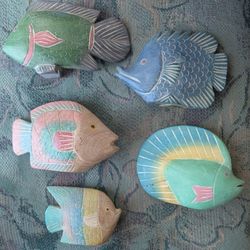 5 Vintage Hand Carved Fish From Thailand 