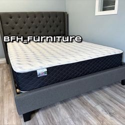 Queen Gray Wingback Button Tufted Bed w. orthopedic Mattress included 