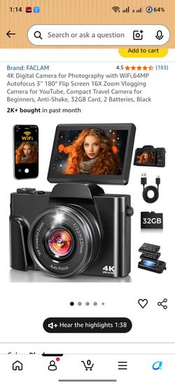 4K Digital Camera for Photography with WiFi,64MP Autofocus 3'' 180° Flip Screen 16X Zoom Vlogging Camera for YouTube, Compact Travel Camera for Beginn