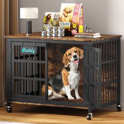 EasyCom 41"Dog Crate Furniture with Name Tag, Heavy Duty Dog Kennel Indoor for Medium Dogs, Double-Doors Sturdy Metal Dog Cage for Anxiety Do