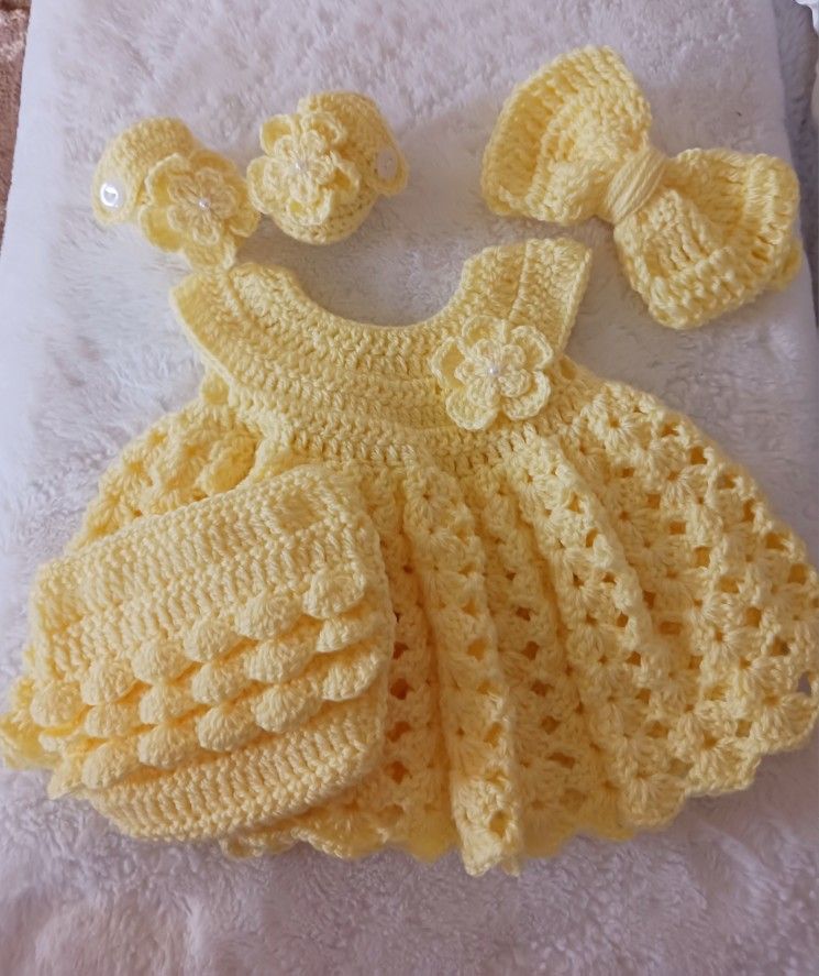 Crochet Baby Girl Yellow Heirloom Dress Set Photo Prop  