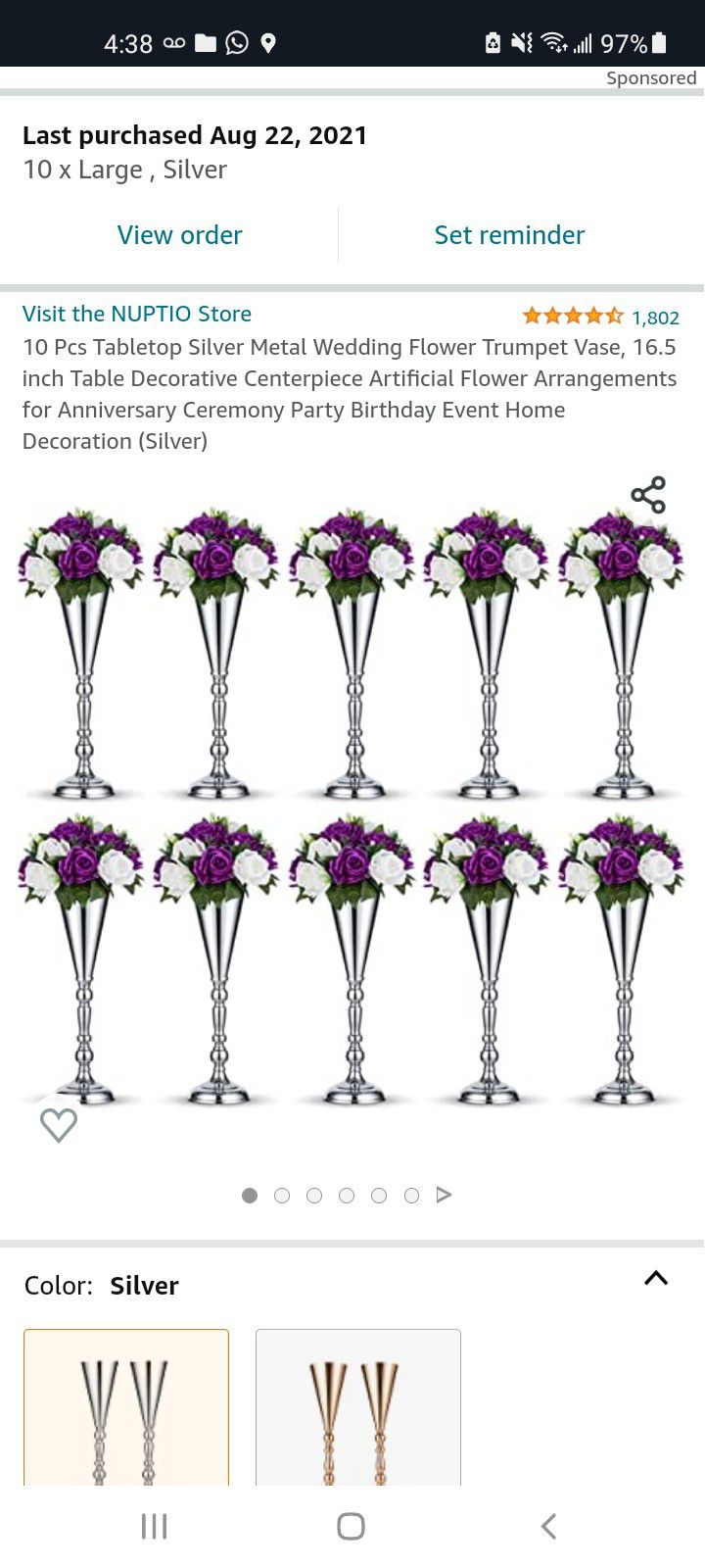10  Pcs Tabletop Silver Metal Wedding Flower Trumpet Vase, 

