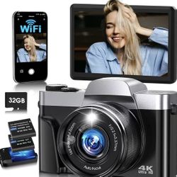 4K Digital Camera for Photography with WiFi,64MP Autofocus Vlogging Camera for YouTube,3'' 180° Flip Screen Compact Travel Camera for Teens with 32GB 