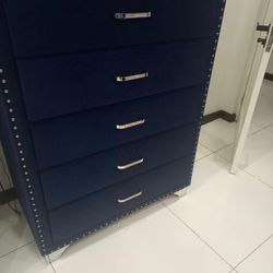BLUE upholstered 5 Drawer CHEST