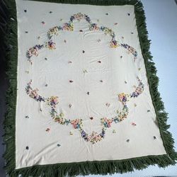 Vintage Handmade Crewel Embroidered Blanket Floral Design with Green Fringe