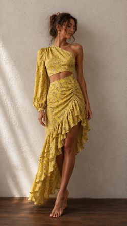 Bright yellow floral asymmetrical dress , size 0