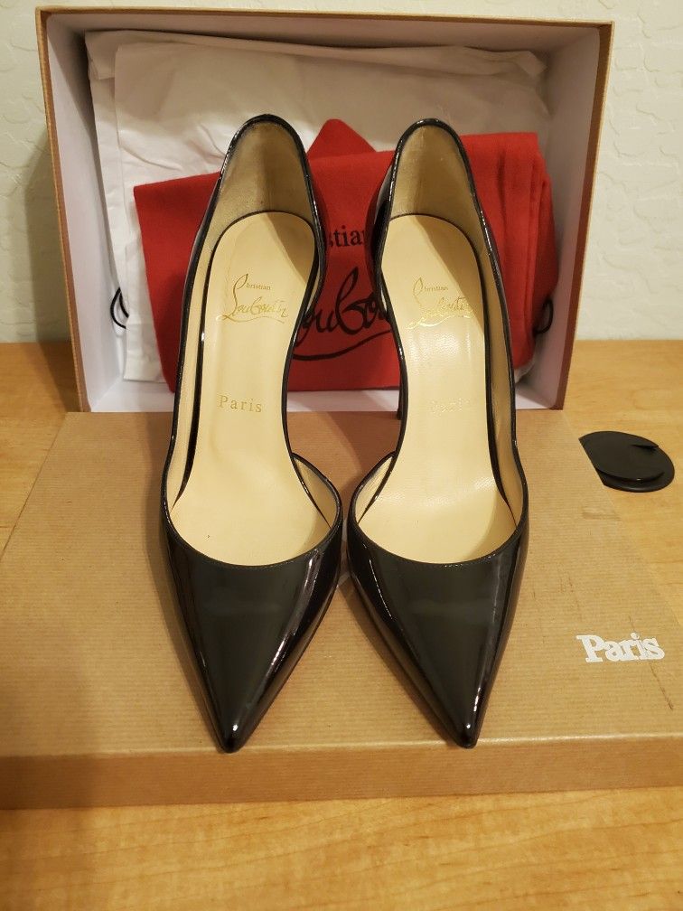 37.5 Louboutin Iriza Black Patent 100mm Heels