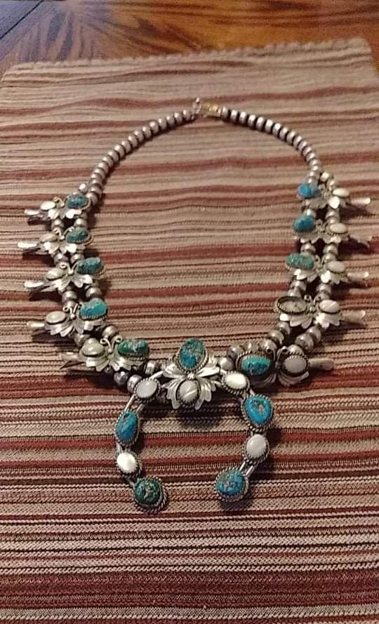 VINTAGE SQUASH BLOSSOM TURQUOISE AND MOTHER OF PEARL NECKLACE