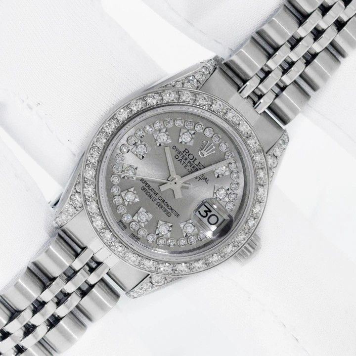 Rolex Lady Datejust 26mm Stainless Steel Grey String Diamond Dial Bezel Watch