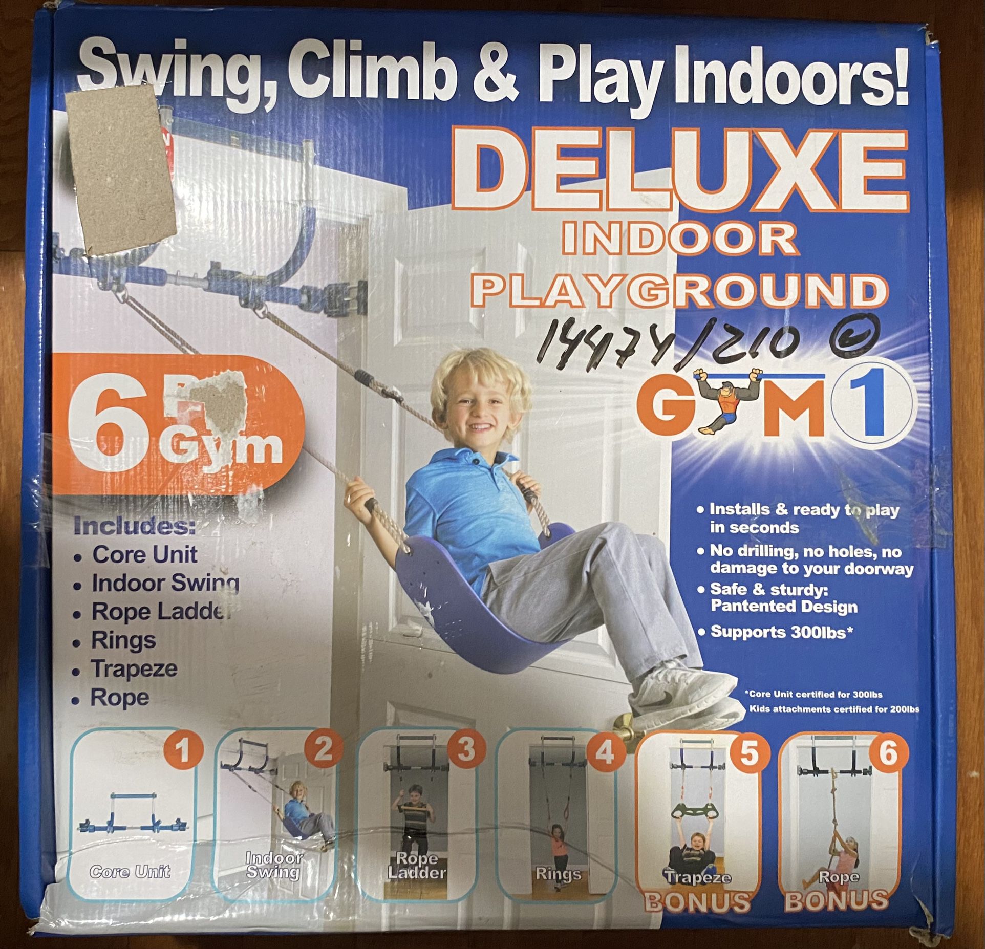 Gym1 - 6 Piece Indoor Doorway Gym Set for Kids - Indoor Swing for Kids Includes Kids Swing Chair, Rings, Hanging Trapeze, Ladder, Swinging Rope & Pull